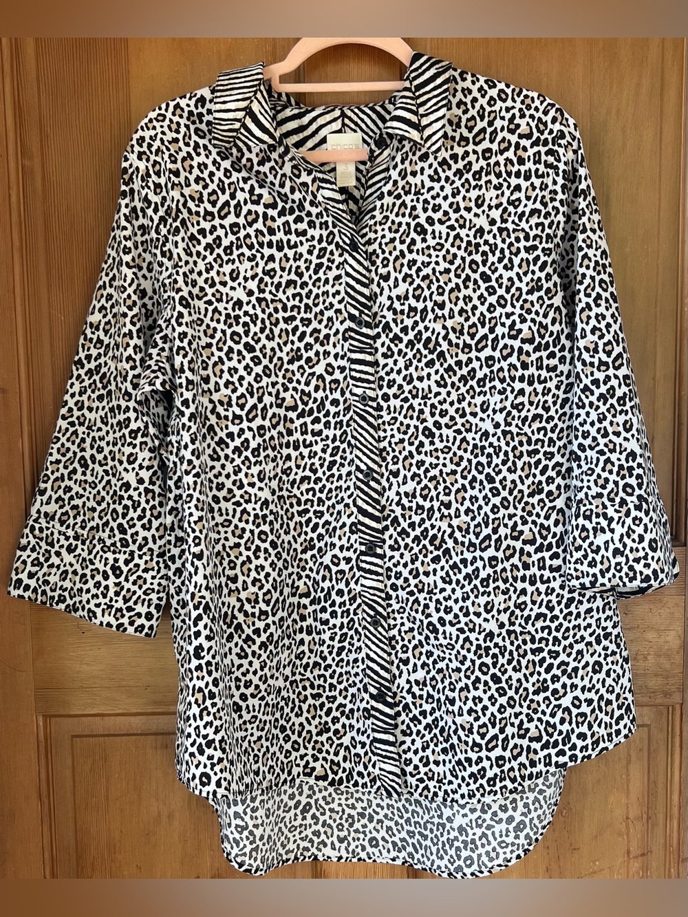 Chico's Leopard Tiger Print 3/4 Flip Cuff Button Up Shirt 3/XL